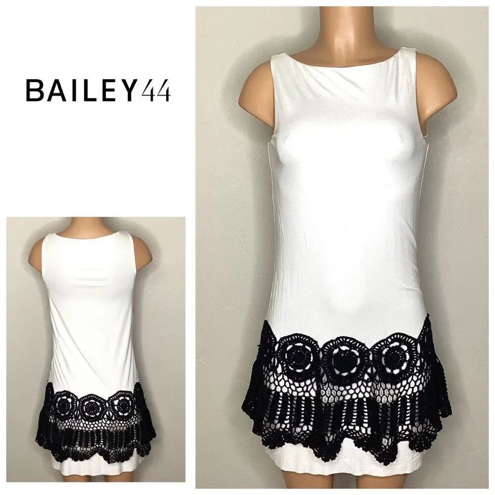 New. Bailey 44 white sleeveless dress with black crochet overlay. Small. Retails